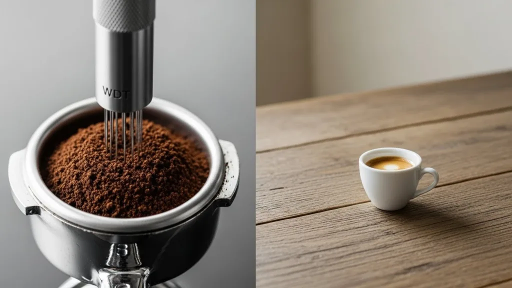 Comparação visual entre ferramenta WDT de agulhas e café moído em uma mesa rústica.