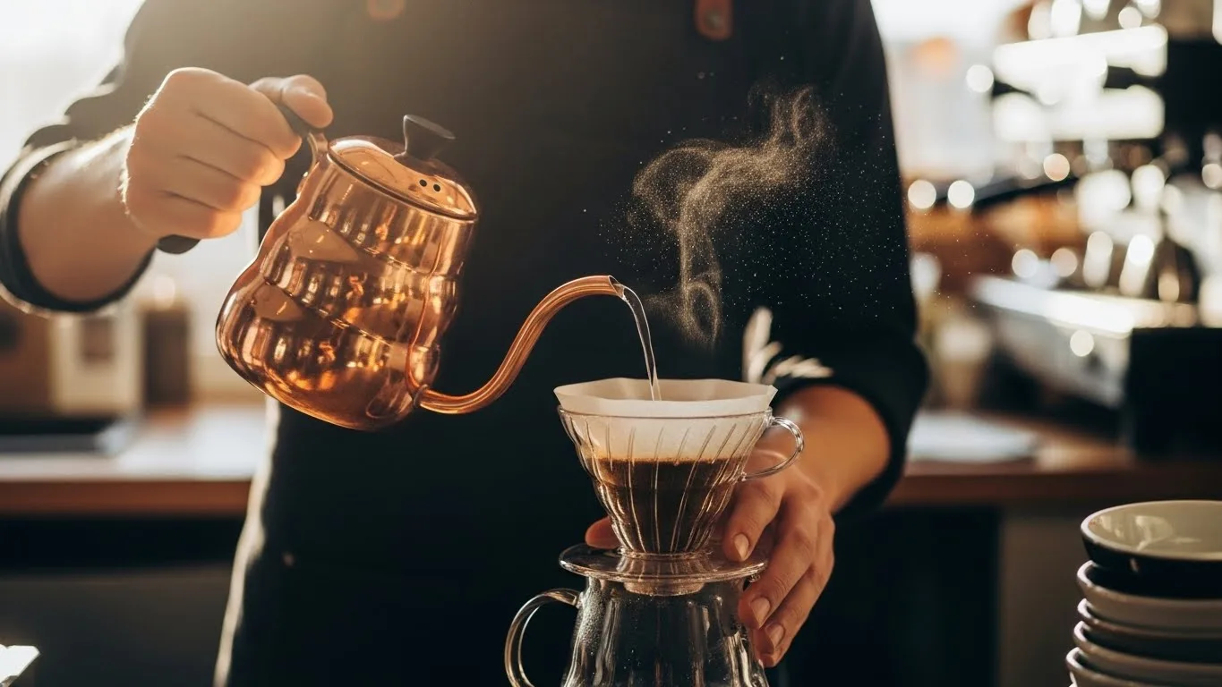 Barista utilizando técnicas de preparo de café especial.