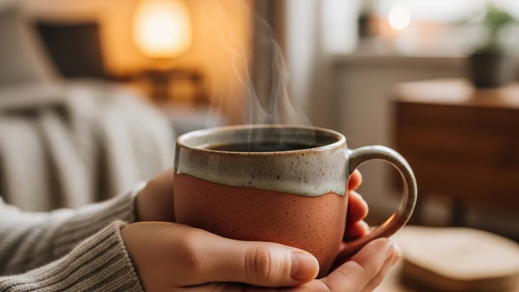 Mãos segurando uma caneca de cerâmica quente com vapor subindo em ambiente acolhedor.
