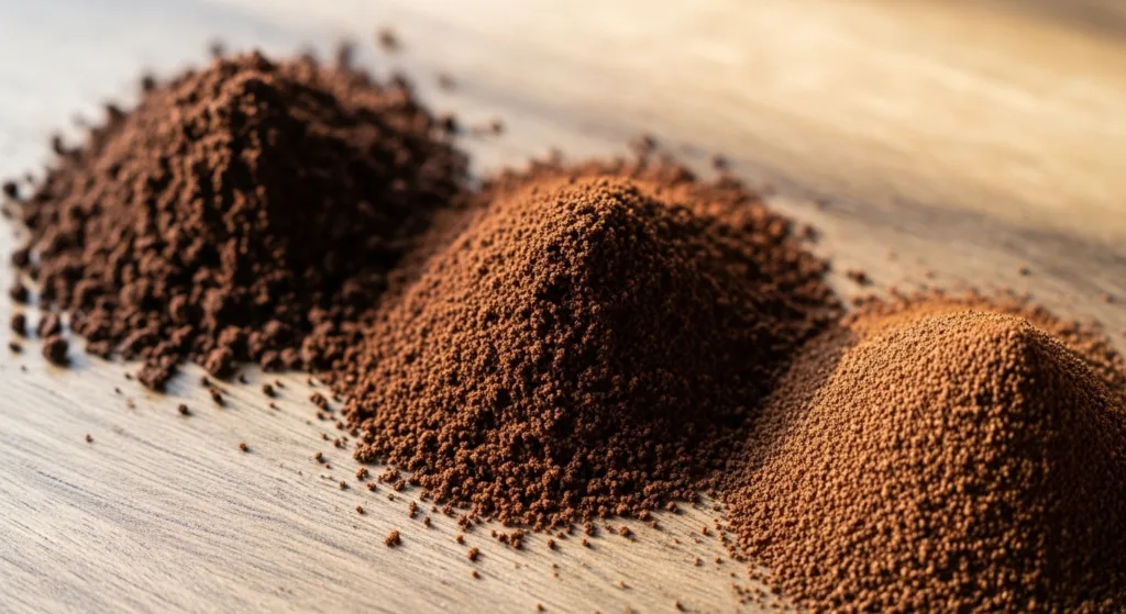 Diferentes granulometrias de moagem de café do mais fino para espresso ao mais grosso para cold brew