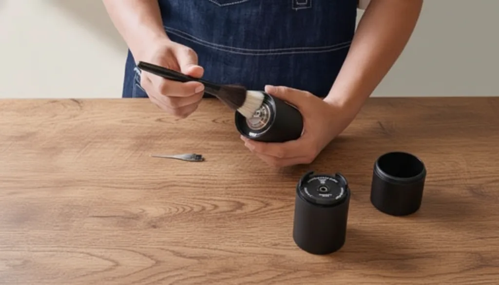 Limpeza de moedor de café especial removendo resíduos de grãos das mós cônicas com pincel