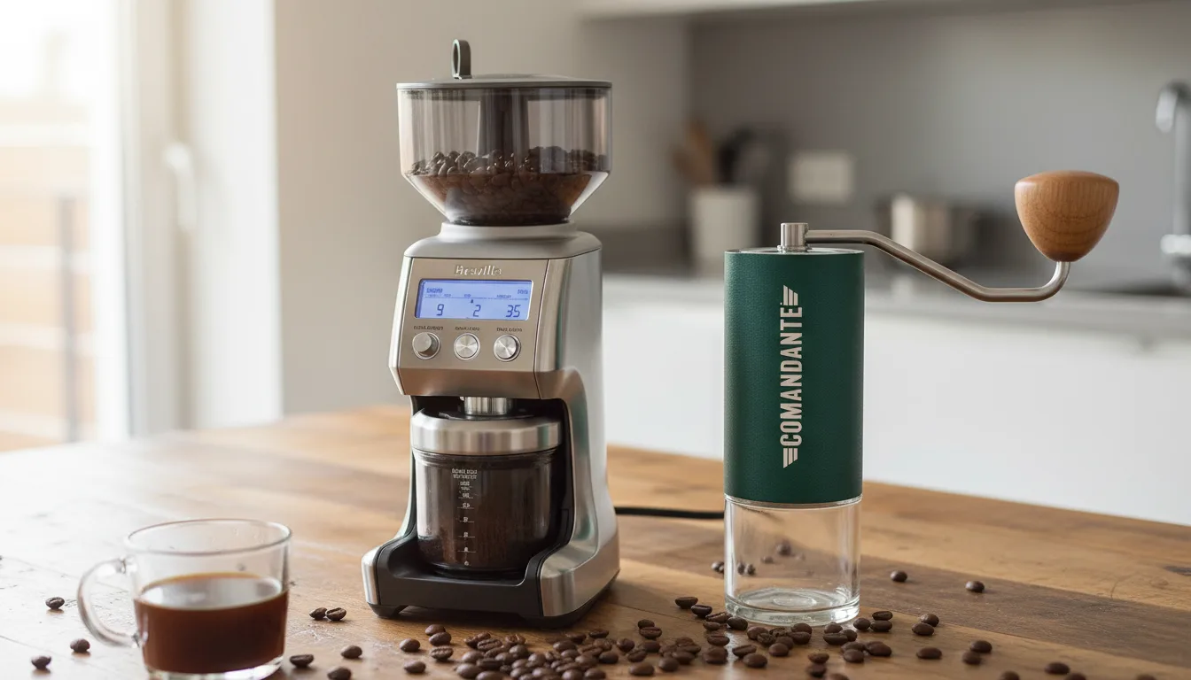 Moedores de café de mó cônica sobre bancada de madeira com grãos de café especial ao redor